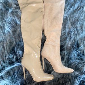 Dual-Fabric Nude Over-the-Knee Boots